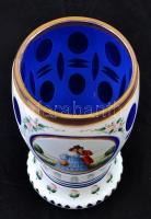 cca 1890 díszpohár, kézzel festett romantikus jelenettel, kétrétegű csiszolt, metszett, apró csorbáv...