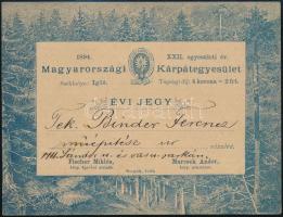 1894 Magyarországi Kárpátegyesület évi jegye, díszes papíron, Binder Ferenc építész részére. Jó állapotban, /1894 Annual ticket of Hungarian Carpatian Society, on decorative paper, for Ferenc Binder architect, in good condition.