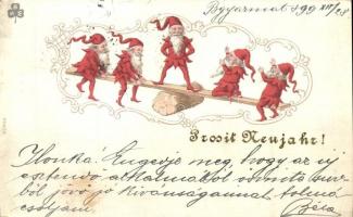 Prosit Neujahr! / New Year, dwarves, WBS No. 402. Art Nouveau litho (EB)