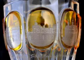 cca 1900 fürdői emlék pohár, kétrétegű csiszolt, metszett, gravírozott, hibátlan, m:13,5 cm