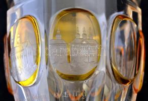 cca 1900 fürdői emlék pohár, kétrétegű csiszolt, metszett, gravírozott, hibátlan, m:13,5 cm