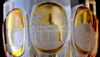 cca 1900 fürdői emlék pohár, kétrétegű csiszolt, metszett, gravírozott, hibátlan, m:13,5 cm