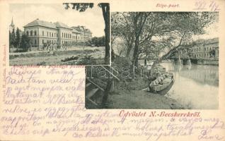 1899 Nagybecskerek, Zrenjanin; Béga part, Polgári iskola és Pénzügyi palota. Schenk H. kiadása / river bank, school, Financial palace