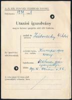 1938 Záborszky Viktor Stühmer gyár igazgatójának utazási igazolványa magyar katonai igazgatás alatt álló területre, Andorka Rudolf vezérkari ezredes bebélyegzett aláírásával, és a vezérkari főnökség pecsétjével, fényképpel. Jó állapotban.