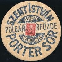 1935 Szent István porter sör, söralátét, Polgár Sörfőzde, 20 f. okmánybélyeggel, pecséttel, a hátoldalán egykorú bejegyzésekkel, d: 11 cm.