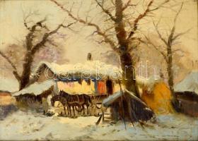 Németh György (1888-1962): Téli udvar lovaskocsival. Olaj, vászon, jelzett, keretben, 50×70 cm