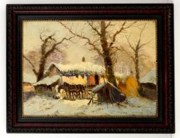 Németh György (1888-1962): Téli udvar lovaskocsival. Olaj, vászon, jelzett, keretben, 50×70 cm