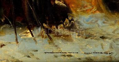 Németh György (1888-1962): Téli udvar lovaskocsival. Olaj, vászon, jelzett, keretben, 50×70 cm