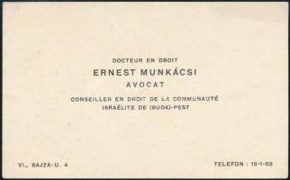 cca 1930-1940 Munkácsi Ernő (1896-1950) ügyvéd, jogi író igazolványa és névjegye. a Pesti Izraelita ...