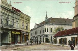 Kézdivásárhely, Targu Secuiesc; Ref. bérpalota, Rácz András liszt és terménybolt, Zalaváry Béla üzlete, Kézdivásárhelyi könynyomda kiadása / Tenement palace, flour and grain store, shops (EK)