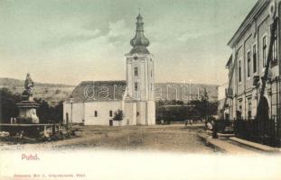 Puhó, Púchov; utcakép templommal és szoborral. Reismann Mór j. kiadása / street view with church and statue