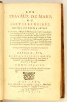 Manesson Mallet, Allain> Les travaux de Mars, ou lart de la guerre divisez en trois parties, Tome premier.  La Haye, 1696. Henri van Bulderen, 8 l. + 7 l. + 373 p. 156 egészoldalas rézmetszetű városképpel és erődítmények képeivel. A metszetek részben a szerző, részben XVI. Lajos, a Napkirály munkái.  Alain Manesson Mallet (1630-1706) francia térképész, katona és mérnök volt. Három kötetes műve a kor jelentős hadmérnöki munkája, mely Európa erődítményei mellett bemutatja az erődítmények különféle típusait, az erődítmények részeit, építésüket és tervek, térképek elkészítésének módjait. Különlegesen gazdag képanyagú munka. A metszetek mind szép állapotban.  Korabeli bőrkötésben, jó állapotban. /   First volume of the grandiose military engineer work of the renown French cartographer, engineer and military man Alain Manesson Mallet (1630-1706). With 156 full page etchings depicting European cities and fortifications the work teaches the theory and practice of making fortifications and maps of it. In full leather binding, in nice condition.