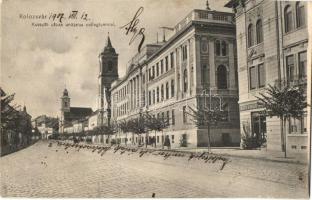 Kolozsvár, Cluj; Kossuth utca, unitárius kollégium, Kövendy üzlete, Lepage Lajos kiadása / street, college, shops (EK)