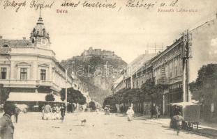 Déva, Deva; Kossuth Lajos utca, Hirsch Testvérek divatáruháza, Fehérkereszt szálloda, Laufer Vilmos kiadása / street, shops, hotel (EB)