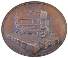 Lapis András (1942-) 1990. "75 éve Megindult az Autóbuszközlekedés Budapesten B.K.V. 1990" kétoldalas Br plakett (461,39g/90x108mm) T:2 / Hungary 1990. "75th anniversary of the Autobus Transportation in Budapest B.K.V. 1990" double-sided Br plaque. Sign.: András Lapis (461,39g/90x108mm) C:XF