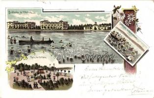 1899 Siófok, Szálloda és étterem, fürdőzők a Balatonban, park és sétány; Art Nouveau litho  (vágott / cut)