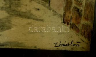 Zórád jelzéssel: Falusi utca. Színezett rézkarc, papír, üvegezett keretben, 9×12 cm