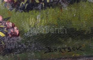 Börtsök jelzéssel: Virágzó park. Olaj, karton, keretben, 30×40 cm