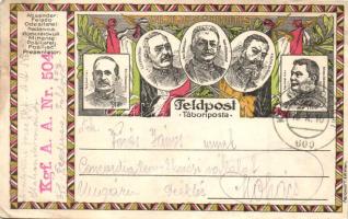 2 db Központi hatalmak propaganda lap / 2 Central Powers propaganda cards; Wilhelm II, Franz Joseph, Mehmed V, Ferdinand I of Bulgaria, Arz. v. Straussenburg, Konr. v. Hötzendorf, Viktor Dankl, Erzh. Jos. Ferdinand, Kövess v. Kövessháza