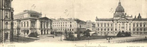 Leipzig, Concerthaus, Universitätsbibliothek, Reichgericht / concert hall, university library, supreme court, 2-tiled panoramacard (hajtásnál kis szakadás / small tear)