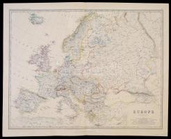 1879 Európa nagyméretű határszínezett rézmetszetű térképe, sérült. / 1879 Map of Europe by Keith Johnston F. R. S. E. Colored etching 62x50 cm,