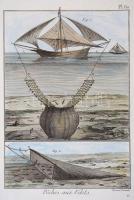 1793 9 db halászat témájú, kézzel színezett rézmetszet Diderot Enciklopédiájának első kiadásából. / ...