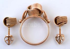 Egy pár 14K arany fülbevaló és gyűrűből álló szett / 14 C. gold set of earrings and ring 8 g