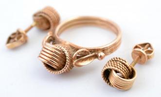 Egy pár 14K arany fülbevaló és gyűrűből álló szett / 14 C. gold set of earrings and ring 8 g