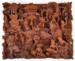 XX. század: Áldozati ünnep. Látványos, nagy méretű távol keleti fa faragás. Mozgalmas, sok alakos kép egy darabból kifaragva /  20th century Sacrifice fest. Far Eastern, Asian wood carving. Large, made of one piece of wood with many figures, dragons. 50x40 cm