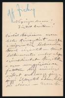 vásonkői gróf Zichy Géza (1849-1924) író, drámaíró saját kézzel írt levele, melyben megköszöni a Népszínház bérbevétele körül kapott segítséget, de egy meg nem nevezett mű színpadra állítását nem vállalja anyagi lehetőségek hiányában. Két beírt oldal