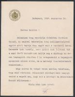 1922 Térfi Béla (1869-1959) közélelmezésügyi miniszter hivatalos levél saját kezű aláírásával