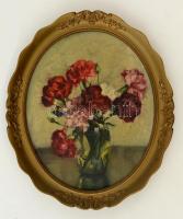 Jelzés nélkül: Virágcsendélet. Olaj, falemez, óvális keretben, 34×26 cm