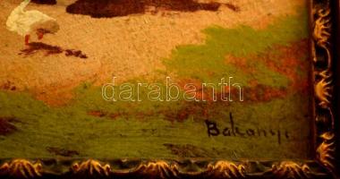 Bakonyi jelzéssel: Házudvar libákkal. Olaj, karton, kertben, 20×25 cm