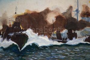 Bordt jelzéssel: Hadihajók ütközete, vegyes technika, papír-karton, 23x34 cm
