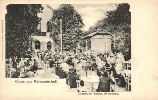 Nagyszeben, Hermannstadt, Sibiu; Seiser cukrászdája a parkban, kerthelyiség. Jos. Drotleff / Konditorei Seieser, Erlenpark / confectionery, park, garden