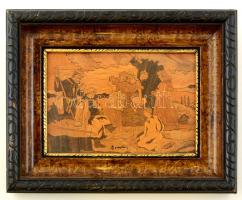 Berday jelzéssel: Furulyázó juhász. Fa intarzia keretben, 16×23 cm