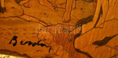 Berday jelzéssel: Furulyázó juhász. Fa intarzia keretben, 16×23 cm