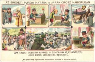 Az eredeti Purgo hatása a Japán-Orosz háborúban, humoros grafikai reklámlap / Purgo laxative advertisement, humorous graphic art posctard, Russo-Japanese war, litho