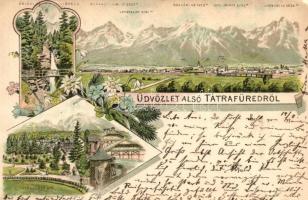 1896 (Vorläufer!) Tátrafüred, Bad Alt-Schmecks; Óriás vízesés / waterfall, floral, litho (hiányos sarok / defective corner)
