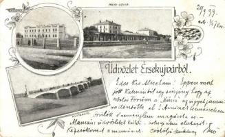 Érsekújvár, Nové Zamky; Vasútállomás, kórház, Nyitra híd / railway station, hospital, bridge, floral (EK)
