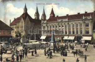 Temesvár, Timisoara; Kossuth Lajos tér, villamos, Weisz Sándor, Gaszner Ferencz, Wilheim Fülöp, Goldmann S., Haring Gusztáv üzletei, jelzálog hitelbank, piac, Bettelheim Miksa és Társa kiadása / square, tram, shops, bank, market (EK)