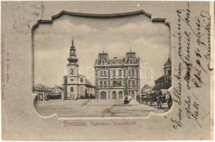 Temesvár, Timisoara; Gyárváros, Kossuth tér, Bruder Kohn üzlet, templom, Polatsek-féle könyvkereskedés kiadása / square, shop, church