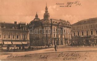 Kolozsvár, Cluj; Mátyás király tér, Schuster Emil, Jeszenszky Ferencz, Tauffer Dezső üzletei, dohánytőzsde, Lepage Lajos kiadása / square, shops (EM)