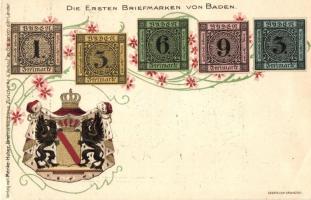 Die Ersten Briefmarken von Baden. Verlag von Menke-Huber Briefmarkenbörse / German stamps, coat of arms, Art Nouveau litho (EK)