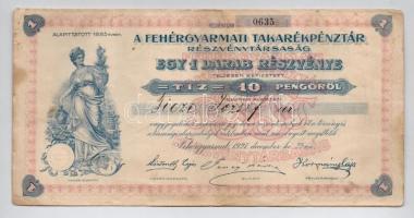 Fehérgyarmat 1927. "Fehérgyarmati Takarékpénztár Részvénytársaság" névre szóló részvénye 10P-ről, szelvényekkel szárazpecséttel T:III,III- szakadás