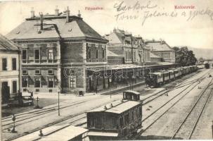 Kolozsvár, Cluj; Pályaudvar, vasútállomás, vagonok, Schuster Emil kiadása / railway station, wagons (EK)