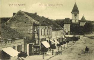 Szentágota, Agnetheln, Agnita; Piac tér, templom, Johann Rehner üzlete, kiadja Wilhelm Fernengel / market square, church, shop