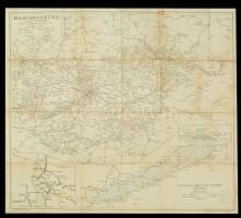 cca 1940 Magyarország vasúti térképe, a hivatalos menetrendkönyv melléklete, hajózási és buszvonalt érképpel, rajta a visszacsatolt területtel, szakadással, 56x52 cm