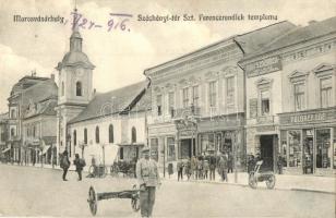 Marosvásárhely, Targu Mures; Széchényi tér, Szent Ferencrendiek temploma, Schwartz Móritz és Társa &#039;Unió&#039; szállítási vállalata, Igánovics Testvérek, Löbl, Holbach Ede üzletei, dohánytőzsde, Hamburgi kávébehozatal, Porjes S. Sándor kiadása / square, church, shops, carriage company, tobacco shop, coffee import house (EK)