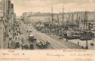 Fiume, Molo Daniel Via della Riva / port view, street, wood transpost with horses, ships